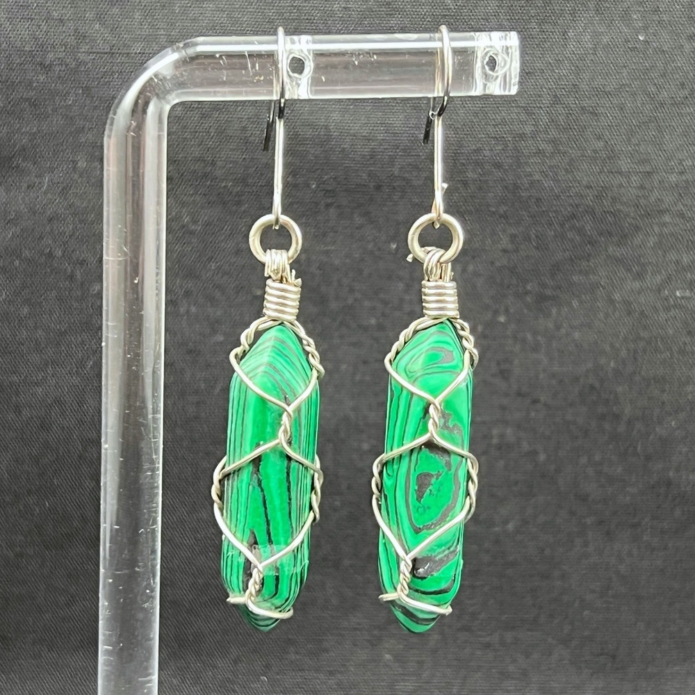 Malachite Earrings Wire Wrapped Silver Tone Boho Geometric